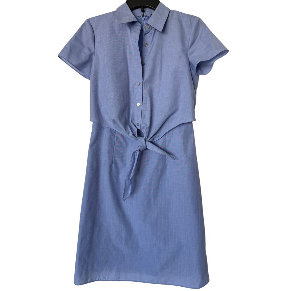 Tahari Arthur S. Levine 2 Blue Cotton Tie Front Short Sleeve Shirt Dress
